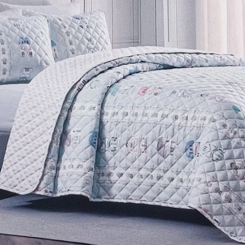 Lenox Spice Village Quilt Baby Blue White Reversible King 2 Shams Set NEW Tag